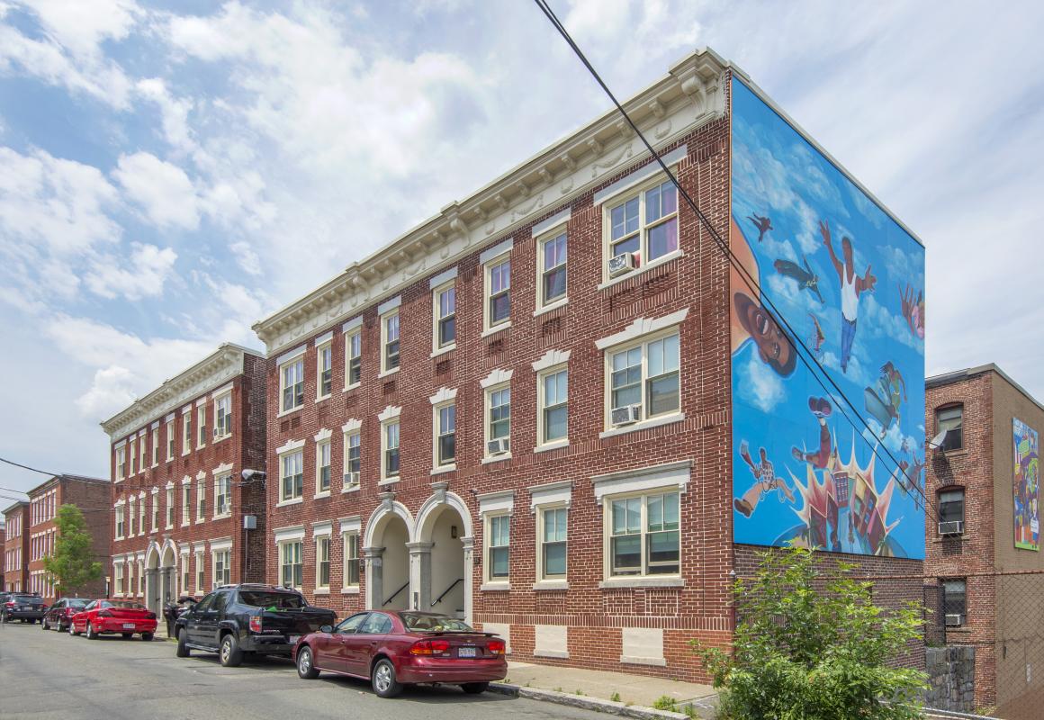 23-25 Ward Street - front exteriors along street with large mural on side of building